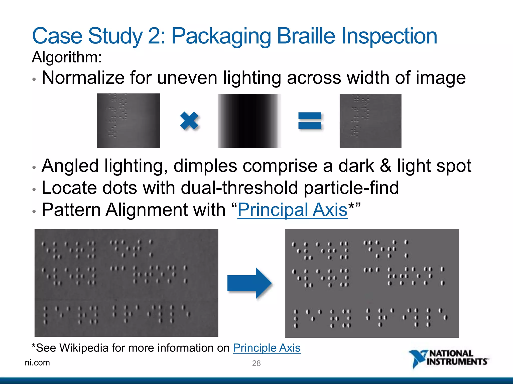 28ni.com
Case Study 2: Packaging Braille Inspection
Algorithm:
• Normalize for uneven lighting across width of image
• Angled lighting, dimples comprise a dark & light spot
• Locate dots with dual-threshold particle-find
• Pattern Alignment with “Principal Axis*”
*See Wikipedia for more information on Principle Axis
 