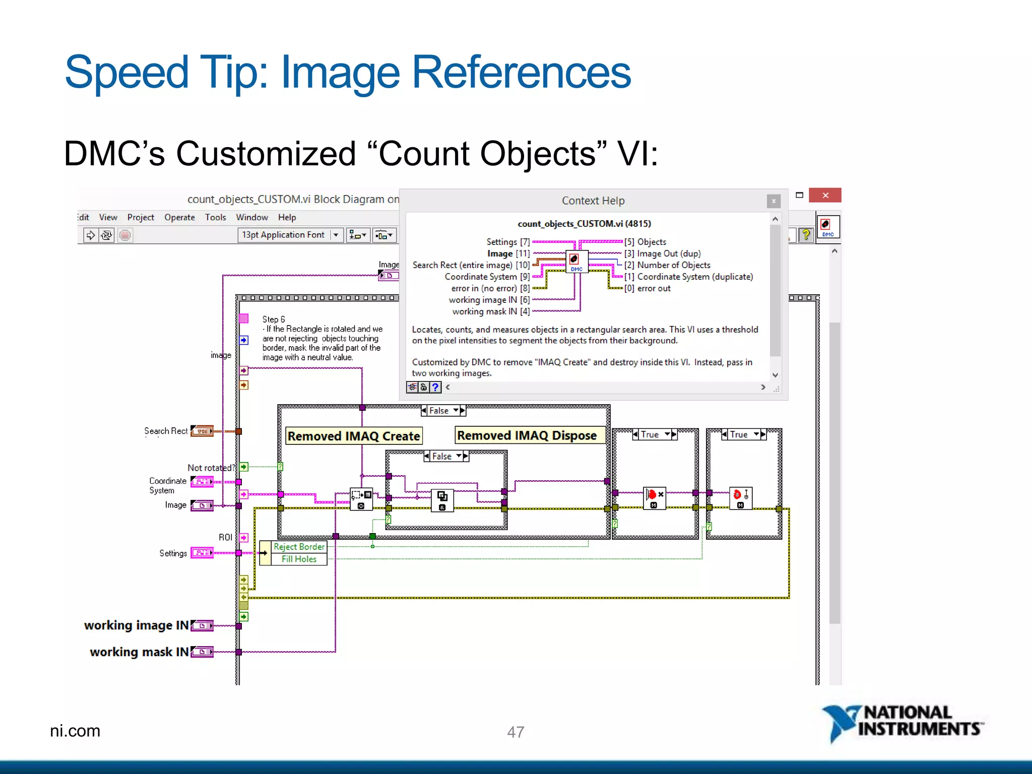 47ni.com
Speed Tip: Image References
DMC’s Customized “Count Objects” VI:
 