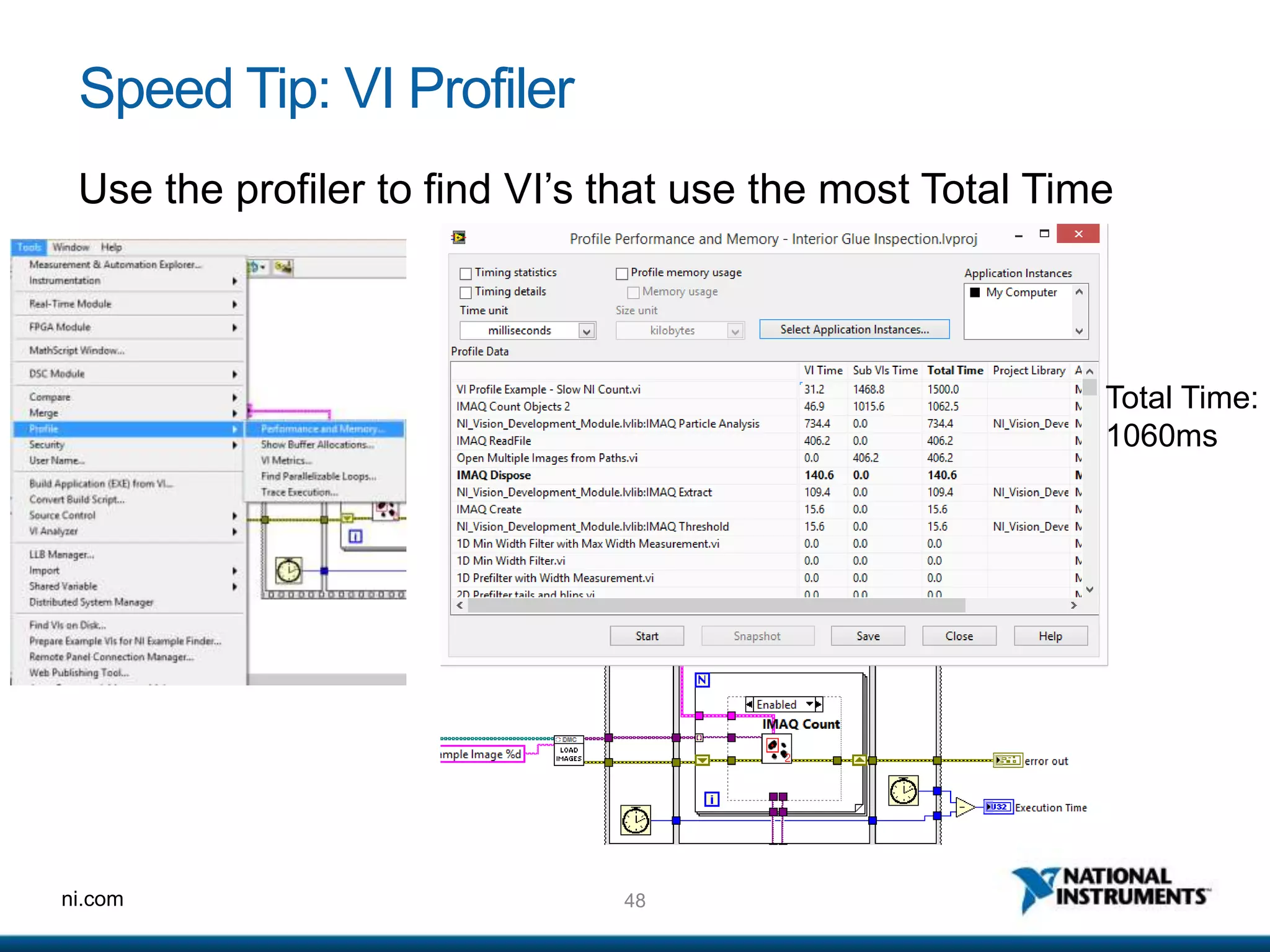 48ni.com
Speed Tip: VI Profiler
Use the profiler to find VI’s that use the most Total Time
Total Time:
1060ms
 
