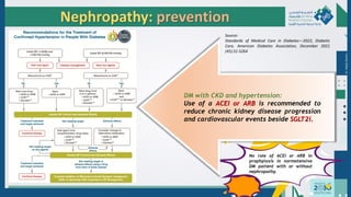 Dr.
Majdi
AlJasim
Nephropathy: prevention
DM with CKD and hypertension:
Use of a ACEI or ARB is recommended to
reduce chronic kidney disease progression
and cardiovascular events beside SGLT2i.
No role of ACEI or ARB in
prophylaxis in normotensive
DM patient with or without
nephropathy.
Source:
Standards of Medical Care in Diabetes—2022, Diabetic
Care, American Diabetes Association, December 2021
(45):S1-S264
 