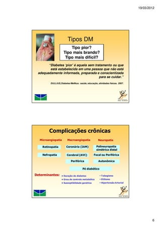 19/03/2012
6
Tipos DM
“Diabetes ‘pior’ é aquela sem tratamento ou que
está estabelecida em uma pessoa que não está
adequadamente informada, preparada e conscientizada
para se cuidar.”
DULLIUS, Diabetes Mellitus: saúde, educação, atividades físicas. 2007.
Tipo pior?
Tipo mais brando?
Tipo mais difícil?
Complicações crônicas
Microangiopatia Macroangiopatia Neuropatia
Retinopatia Coronária (IAM) Polineuropatia
simétrica distal
Nefropatia Cerebral (AVC) Focal ou Periférica
Periférica Autonômica
Pé diabético
• Duração do diabetes
• Grau de controle metabólico
• Susceptibilidade genética
Determinantes: Tabagismo
Etilismo
Hipertensão Arterial
 
