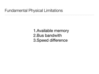 Fundamental Physical Limitations



               1.Available memory
               2.Bus bandwith
               3.Speed difference
 