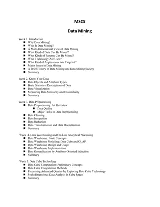 MSCS
Data Mining
Week 1. Introduction
 Why Data Mining?
 What Is Data Mining?
 A Multi-Dimensional View of Data Mining
 What Kind of Data Can Be Mined?
 What Kinds of Patterns Can Be Mined?
 What Technology Are Used?
 What Kind of Applications Are Targeted?
 Major Issues in Data Mining
 A Brief History of Data Mining and Data Mining Society
 Summary
Week 2. Know Your Data
 Data Objects and Attribute Types
 Basic Statistical Descriptions of Data
 Data Visualization
 Measuring Data Similarity and Dissimilarity
 Summary
Week 3. Data Preprocessing
 Data Preprocessing: An Overview
 Data Quality
 Major Tasks in Data Preprocessing
 Data Cleaning
 Data Integration
 Data Reduction
 Data Transformation and Data Discretization
 Summary
Week 4. Data Warehousing and On-Line Analytical Processing
 Data Warehouse: Basic Concepts
 Data Warehouse Modeling: Data Cube and OLAP
 Data Warehouse Design and Usage
 Data Warehouse Implementation
 Data Generalization by Attribute-Oriented Induction
 Summary
Week 5. Data Cube Technology
 Data Cube Computation: Preliminary Concepts
 Data Cube Computation Methods
 Processing Advanced Queries by Exploring Data Cube Technology
 Multidimensional Data Analysis in Cube Space
 Summary
 