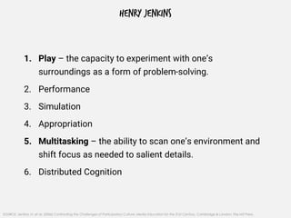 HENRY JENKINS
1. Play – the capacity to experiment with one’s
surroundings as a form of problem-solving.
2. Performance
3. Simulation
4. Appropriation
5. Multitasking – the ability to scan one’s environment and
shift focus as needed to salient details.
6. Distributed Cognition
SOURCE: Jenkins, H. et al. (2006) Confronting the Challenges of Participatory Culture: Media Education for the 21st Century, Cambridge & London: The MIT Press.
 