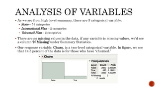  As we see from high-level summary, there are 3 categorical variable.
 State – 51 categories
 International Plan – 2 categories
 Voicemail Plan – 2 categories
 There are no missing values in the data, if any variable is missing values, we’d see
a column ‘N Missing’ under Summary Statistics.
 Our response variable, Churn, is a two-level categorical variable. In figure, we see
that 14.5 percent of the data is for those who have “churned.”
 