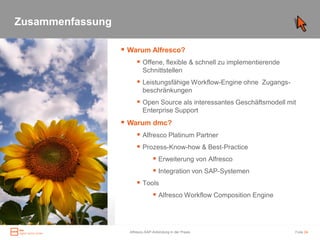 Zusammenfassung

                   Warum Alfresco?
Zusammenfassung          Offene, flexible & schnell zu implementierende
                           Schnittstellen
                         Leistungsfähige Workflow-Engine ohne Zugangs-
                           beschränkungen
                         Open Source als interessantes Geschäftsmodell mit
                           Enterprise Support
                   Warum dmc?
                         Alfresco Platinum Partner
                         Prozess-Know-how & Best-Practice
                               Erweiterung von Alfresco
                               Integration von SAP-Systemen
                         Tools
                               Alfresco Workflow Composition Engine



                    Alfresco-SAP-Anbindung in der Praxis                   Folie 24
 