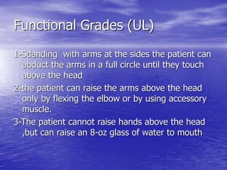 Functional Grades (UL)
1-Sdanding with arms at the sides the patient can
abduct the arms in a full circle until they touch
above the head
2-the patient can raise the arms above the head
only by flexing the elbow or by using accessory
muscle.
3-The patient cannot raise hands above the head
,but can raise an 8-oz glass of water to mouth
 