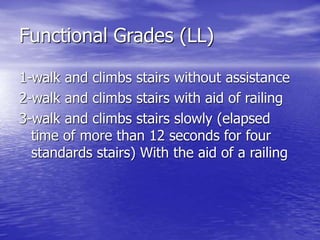 Functional Grades (LL)
1-walk and climbs stairs without assistance
2-walk and climbs stairs with aid of railing
3-walk and climbs stairs slowly (elapsed
time of more than 12 seconds for four
standards stairs) With the aid of a railing
 