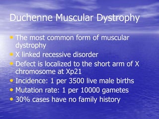 Duchenne Muscular Dystrophy
• The most common form of muscular
dystrophy
• X linked recessive disorder
• Defect is localized to the short arm of X
chromosome at Xp21
• Incidence: 1 per 3500 live male births
• Mutation rate: 1 per 10000 gametes
• 30% cases have no family history
 