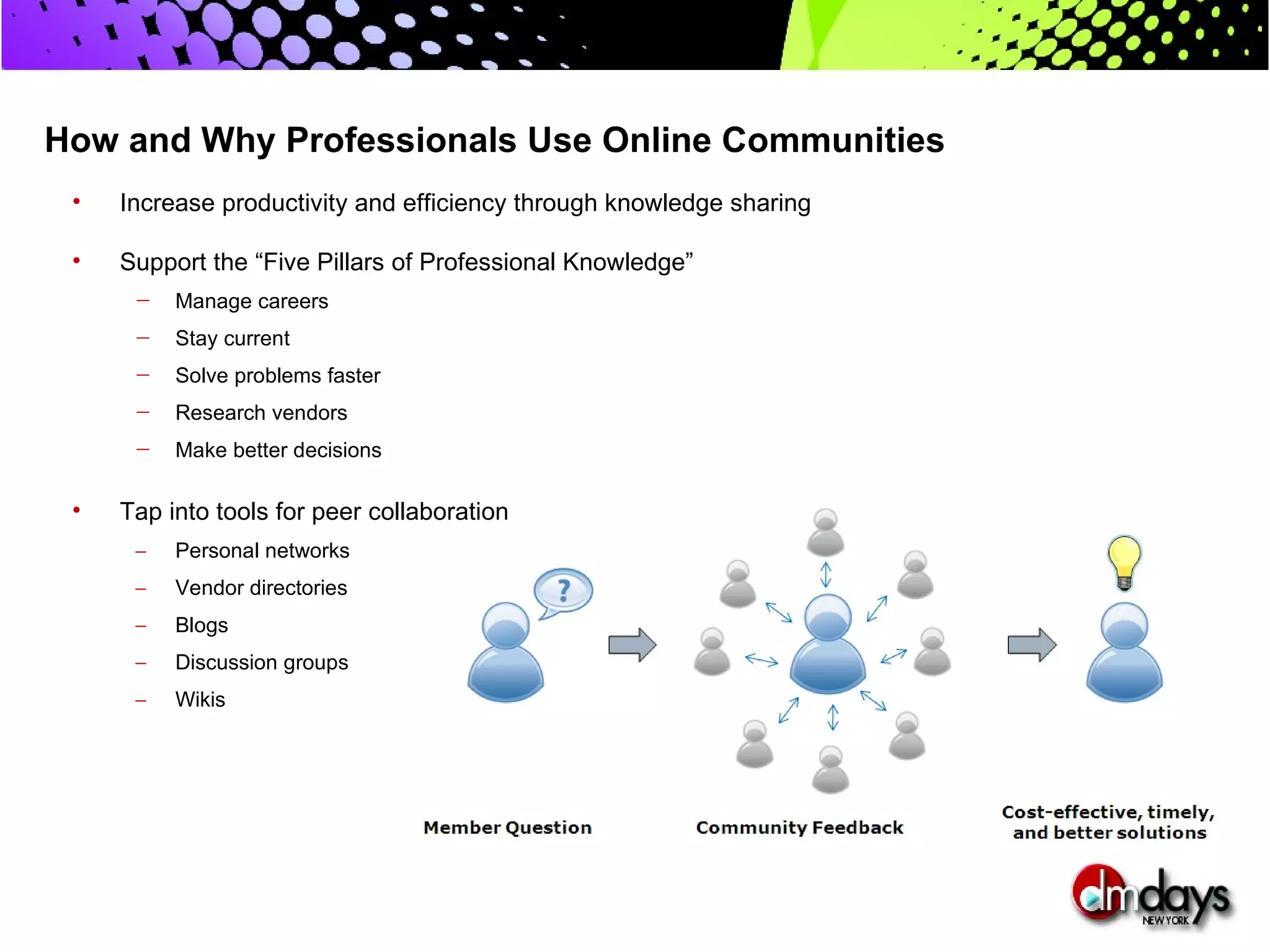 How and Why Professionals Use Online Communities
 •   Increase productivity and efficiency through knowledge sharing

 •   Support the “Five Pillars of Professional Knowledge”
      —   Manage careers
      —   Stay current
      —   Solve problems faster
      —   Research vendors
      —   Make better decisions

 •   Tap into tools for peer collaboration
      –   Personal networks
      –   Vendor directories
      –   Blogs
      –   Discussion groups
      –   Wikis
 