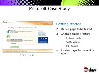 Microsoft Case Study Getting started… Define page to be tested Analyze outside factors In-bound traffic  Traffic volume UX - Funnel Review page & conversion goals  Original web page 