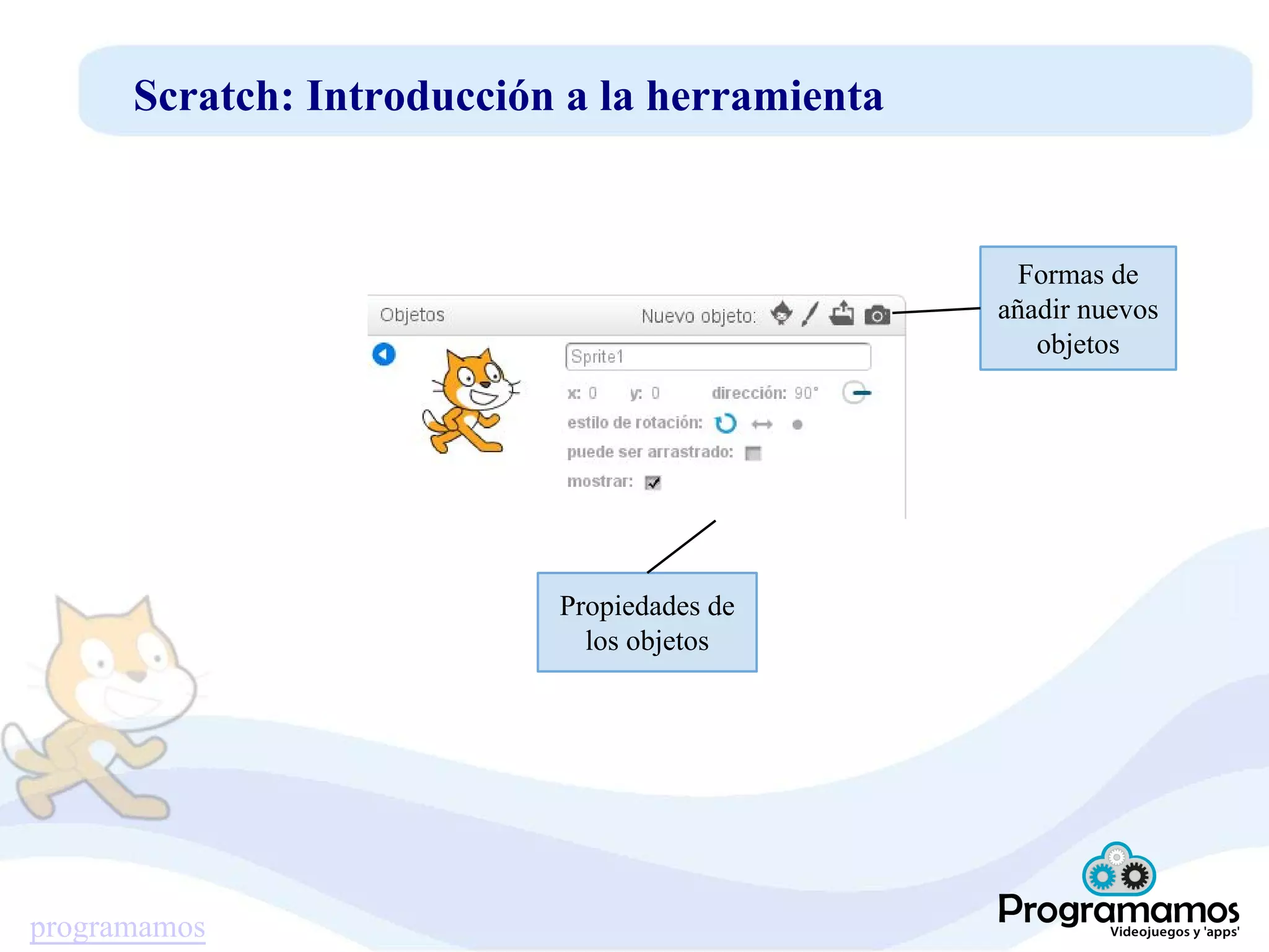 programamos
Scratch: Introducción a la herramienta
Propiedades de
los objetos
Formas de
añadir nuevos
objetos
 