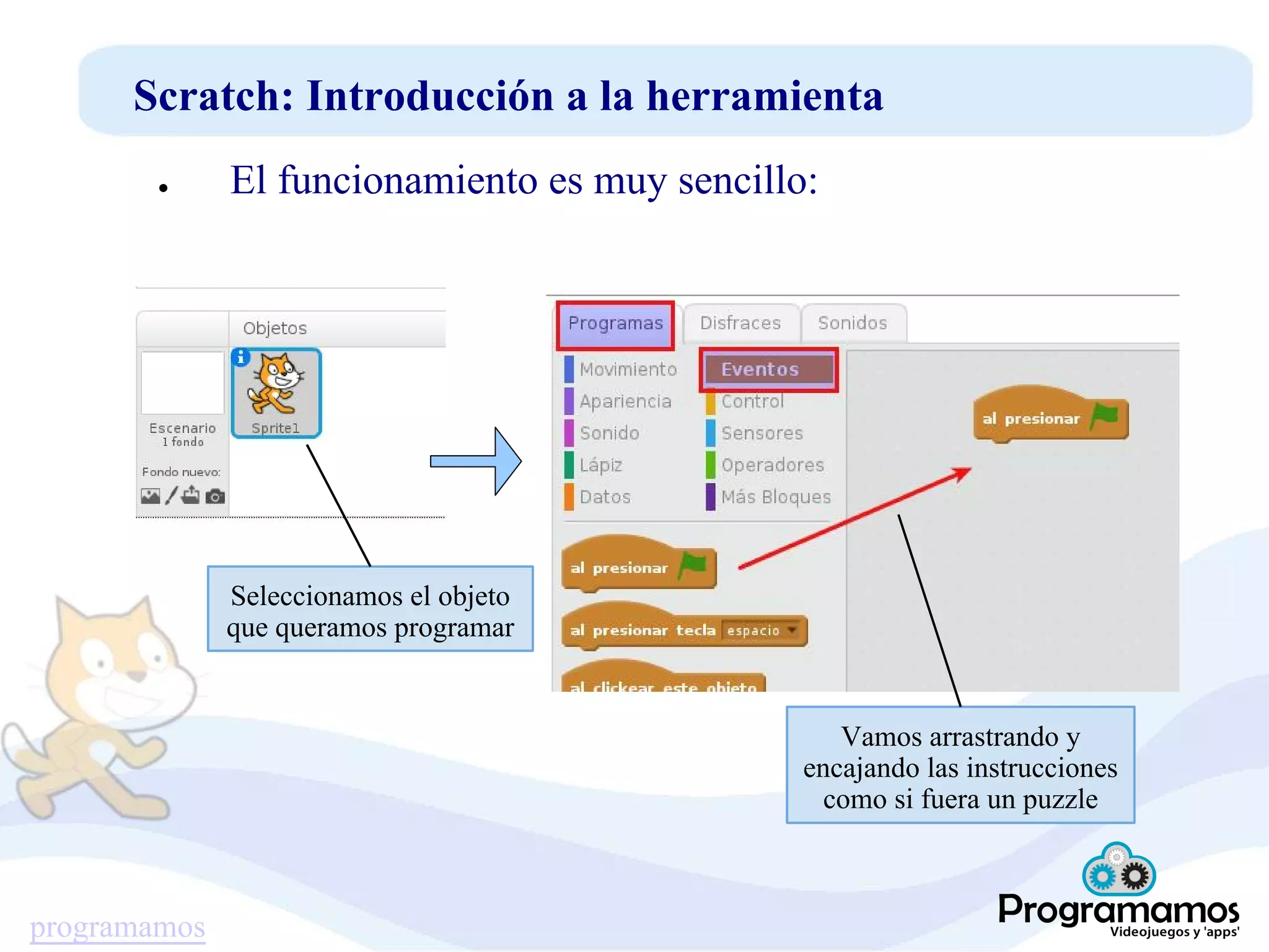 programamos
Scratch: Introducción a la herramienta
● El funcionamiento es muy sencillo:
Seleccionamos el objeto
que queramos programar
Vamos arrastrando y
encajando las instrucciones
como si fuera un puzzle
 