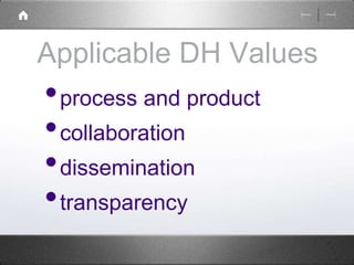 Applicable DH Values 
•process and product 
•collaboration 
•dissemination 
•transparency 
 