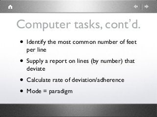 These tasks identify each line
as a unit composed of one or
more feet.
x / |x /|xx / | x / |x /
Sir WalterVivian all a sum...