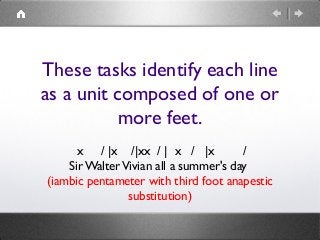 These tasks identify each line
as a unit composed of one or
more feet.
x / |x /|xx / | x / |x /
Sir WalterVivian all a summer's day
(iambic pentameter with third foot anapestic
substitution)
 