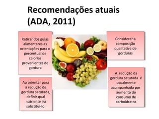Recomendações atuais
(ADA, 2011)
Retirar dos guias
alimentares as
orientações para o
percentual de
calorias
provenientes de
gordura
Retirar dos guias
alimentares as
orientações para o
percentual de
calorias
provenientes de
gordura
Considerar a
composição
qualitativa de
gorduras
Considerar a
composição
qualitativa de
gorduras
Ao orientar para
a redução de
gordura saturada,
definir qual
nutriente irá
substituí-lo
Ao orientar para
a redução de
gordura saturada,
definir qual
nutriente irá
substituí-lo
A redução da
gordura saturada é
usualmente
acompanhada por
aumento do
consumo de
carboidratos
A redução da
gordura saturada é
usualmente
acompanhada por
aumento do
consumo de
carboidratos
 