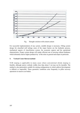 107
Fig. Strength variation with cement content
For successful implementation of any system, suitable design is necessary. Filling system
design for classified mill tailings some of the major factors are the hydraulic process,
mechanical aspects of classification system, the economic aspects and the operational
characteristics. Proper system design will render efficient rate of stowing without hindrance
which ultimately lead to higher productivity `of the mine in general and stopes in particular.
5. Vertical Crater Retreat method
VCR stoping is applicable in many cases where conventional shrink stoping is
feasible, although narrow orebody widths (less than about 3 m) may not be tractable. The
method is also particularly suitable for mining conﬁgurations in which sublevel development
is difﬁcult or impossible. These geometric conditions arise frequently in pillar recovery
operations in massive ore bodies.
 