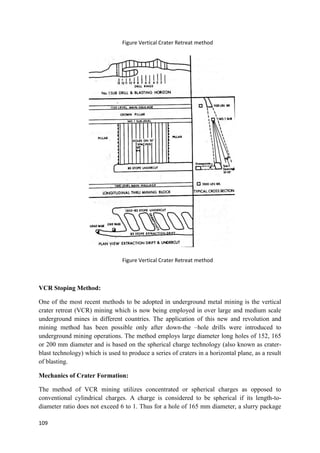 109
Figure Vertical Crater Retreat method
Figure Vertical Crater Retreat method
VCR Stoping Method:
One of the most recent methods to be adopted in underground metal mining is the vertical
crater retreat (VCR) mining which is now being employed in over large and medium scale
underground mines in different countries. The application of this new and revolution and
mining method has been possible only after down-the –hole drills were introduced to
underground mining operations. The method employs large diameter long holes of 152, 165
or 200 mm diameter and is based on the spherical charge technology (also known as crater-
blast technology) which is used to produce a series of craters in a horizontal plane, as a result
of blasting.
Mechanics of Crater Formation:
The method of VCR mining utilizes concentrated or spherical charges as opposed to
conventional cylindrical charges. A charge is considered to be spherical if its length-to-
diameter ratio does not exceed 6 to 1. Thus for a hole of 165 mm diameter, a slurry package
 