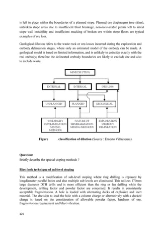 125
is left in place within the boundaries of a planned stope. Planned ore diaphragms (ore skins),
unbroken stope areas due to insufficient blast breakage, non-recoverable pillars left to arrest
stope wall instability and insufficient mucking of broken ore within stope floors are typical
examples of ore loss.
Geological dilution refers to the waste rock or ore-losses incurred during the exploration and
orebody delineation stages, where only an estimated model of the orebody can be made. A
geological model is based on limited information, and is unlikely to coincide exactly with the
real orebody; therefore the delineated orebody boundaries are likely to exclude ore and also
to include waste.
Figure classification of dilution (Source : Ernesto Villaescusa)
Question:
Briefly describe the special stoping methods ?
Blast hole technique of sublevel stoping
This method is a modification of sub-level stoping where ring drilling is replaced by
longdiameter parallel holes and also multiple sub levels are eliminated. This utilizes 170mm
large diameter DTH drills and is more efficient than the ring or fan drilling while the
development, drilling factor and powder factor are concerned. It results in consistently
acceptable fragmentation. A hole is loaded with alternating decks of explosive and inert
material. The decision to load the hole with a column charge or alternatively with a decked
charge is based on the consideration of allowable powder factor, hardness of ore,
fragmentation requirement and blast vibration.
 