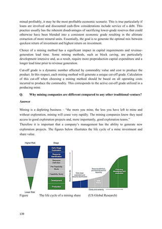 139
mined profitably, it may be the most profitable economic scenario. This is true particularly if
loans are involved and discounted cash-flow considerations include service of a debt. This
practice usually has the inherent disadvantages of sacrificing lower-grade reserves that could
otherwise have been blended into a consistent economic grade resulting in the ultimate
extraction of more mineral units. Essentially, the goal is to generate the optimal mix between
quickest return of investment and highest return on investment.
Choice of a mining method has a significant impact in capital requirements and revenue-
generation lead time. Some mining methods, such as block caving, are particularly
development intensive and, as a result, require more preproduction capital expenditure and a
longer lead time prior to revenue generation.
Cut-off grade is a dynamic number affected by commodity value and cost to produce the
product. In this respect, each mining method will generate a unique cut-off grade. Calculation
of this cut-off when choosing a mining method should be based on all operating costs
incurred to produce the commodity. This corresponds to the active cut-off grade utilized in a
producing mine.
Q. Why mining companies are different compared to any other traditional venture?
Answer
Mining is a depleting business – “the more you mine, the less you have left to mine and
without exploration, mining will cease very rapidly. The mining companies know they need
access to good exploration projects and, more importantly, good exploration teams.”
Therefore it is important that a company’s management has the ability to generate new
exploration projects. The figures below illustrates the life cycle of a mine investment and
share value.
Figure The life cycle of a mining share (US Global Research)
 