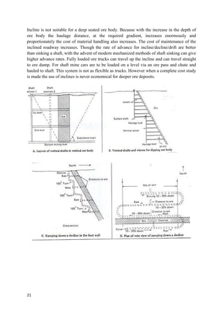 21
Incline is not suitable for a deep seated ore body. Because with the increase in the depth of
ore body the haulage distance, at the required gradient, increases enormously and
proportionately the cost of material handling also increases. The cost of maintenance of the
inclined roadway increases. Though the rate of advance for incline/decline/drift are better
than sinking a shaft, with the advent of modern mechanized methods of shaft sinking can give
higher advance rates. Fully loaded ore trucks can travel up the incline and can travel straight
to ore dump. For shaft mine cars are to be loaded on a level via an ore pass and chute and
hauled to shaft. This system is not as flexible as trucks. However when a complete cost study
is made the use of inclines is never economical for deeper ore deposits.
 