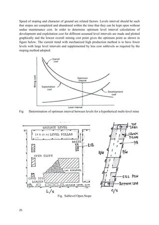 25
Speed of stoping and character of ground are related factors. Levels interval should be such
that stopes are completed and abandoned within the time that they can be kept open without
undue maintenance cost. In order to determine optimum level interval calculations of
development and exploitation cost for different assumed level intervals are made and plotted
graphically and the lowest overall mining cost point gives the optimum point as shown in
figure below. The current trend with mechanized high production method is to have fewer
levels with large level intervals and supplemented by less cost sublevels as required by the
stoping method adopted.
Fig Determination of optimum interval between levels for a hypothetical multi-level mine
Fig. Sublevel Open Stope
Exploitation
Development
 