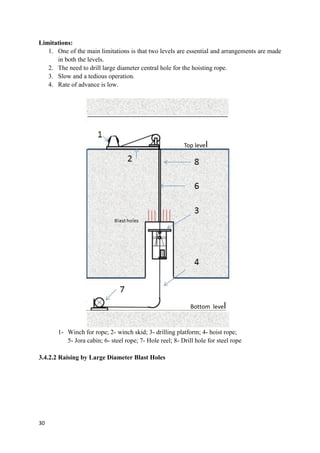 30
Limitations:
1. One of the main limitations is that two levels are essential and arrangements are made
in both the levels.
2. The need to drill large diameter central hole for the hoisting rope.
3. Slow and a tedious operation.
4. Rate of advance is low.
1- Winch for rope; 2- winch skid; 3- drilling platform; 4- hoist rope;
5- Jora cabin; 6- steel rope; 7- Hole reel; 8- Drill hole for steel rope
3.4.2.2 Raising by Large Diameter Blast Holes
Top level
Bottom level
 
