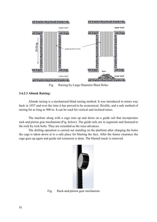 31
Fig. Raising by Large Diameter Blast Holes
3.4.2.3 Alimak Raising:
Alimak raising is a mechanised blind raising method. It was introduced in mines way
back in 1957 and over the time it has proved to be economical, flexible, and a safe method of
raising for as long as 900 m. It can be used for vertical and inclined raises.
The machine along with a cage runs up and down on a guide rail that incorporates
rack and pinion gear mechanism (Fig. below). The guide rails are in segments and fastened to
the rock by rock bolts. They are extended as the raise advances.
The drilling operation is carried out standing on the platform after charging the holes
the cage is taken down at to a safe place for blasting the face. After the fumes clearance the
cage goes up again and guide rail extension is done. The blasted muck is removed.
Fig. Rack-and-pinion gear mechanism
 