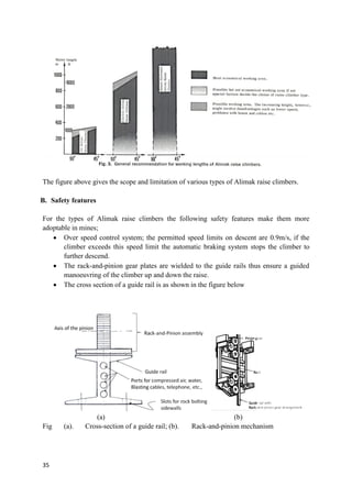 35
The figure above gives the scope and limitation of various types of Alimak raise climbers.
B. Safety features
For the types of Alimak raise climbers the following safety features make them more
adoptable in mines;
 Over speed control system; the permitted speed limits on descent are 0.9m/s, if the
climber exceeds this speed limit the automatic braking system stops the climber to
further descend.
 The rack-and-pinion gear plates are wielded to the guide rails thus ensure a guided
manoeuvring of the climber up and down the raise.
 The cross section of a guide rail is as shown in the figure below
(a) (b)
Fig (a). Cross-section of a guide rail; (b). Rack-and-pinion mechanism
 