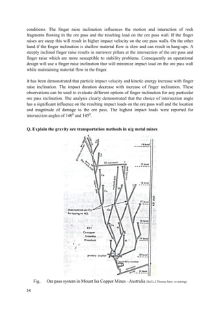 54
conditions. The finger raise inclination influences the motion and interaction of rock
fragments flowing in the ore pass and the resulting load on the ore pass wall. If the finger
raises are steep this will result in higher impact velocity on the ore pass walls. On the other
hand if the finger inclination is shallow material flow is slow and can result in hang-ups. A
steeply inclined finger raise results in narrower pillars at the intersection of the ore pass and
finger raise which are more susceptible to stability problems. Consequently an operational
design will use a finger raise inclination that will minimize impact load on the ore pass wall
while maintaining material flow in the finger.
It has been demonstrated that particle impact velocity and kinetic energy increase with finger
raise inclination. The impact duration decrease with increase of finger inclination. These
observations can be used to evaluate different options of finger inclination for any particular
ore pass inclination. The analysis clearly demonstrated that the choice of intersection angle
has a significant influence on the resulting impact loads on the ore pass wall and the location
and magnitude of damage to the ore pass. The highest impact loads were reported for
intersection angles of 1400
and 1450
.
Q. Explain the gravity ore transportation methods in u/g metal mines
Fig. Ore pass system in Mount Isa Copper Mines –Australia (Ref.L.J.Thomas Intro. to mining)
 