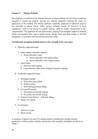 64
Chapter 5 Mining Methods
The emphasis is conﬁned to the relations between working method, the rock mass conditions
essential to sustain the method, and the key orebody properties deﬁning the scope for
application of the method. The mining methods commonly employed in industrial practice
are classified as shown below. Other mining methods, mostly of historical or local
signiﬁcance, such as top slicing or cascade stoping, could be readily incorporated in this
categorization. The gradation of rock performance, ranging from complete support to induced
failure and granular ﬂow, and in spatial energy change from near-ﬁeld storage to far-ﬁeld
dissipation, is consistent with the notions discussed earlier.
Classification of stoping methods based on the strength of the rock mass
A. Naturally supported stopes
1. Open stoping with pillar supports
a. Room-and-pillar stopes
 Room-and-pillar with regular pillars
 Room-and-pillar with irregular pillars
2. Open stopes
a. Sub-level open stoping
b. Large Diameter Blast Hole stoping (Long hole stoping)
B. Artificially supported stopes
3. Shrinkage stoping
a. With pillar (post pillar)
b. Without pillars
c. With subsequent back filling
4. Cut-and-fill stoping
a. Horizontal cut-and-fill stoping
b. Post pillar cut-and fill stoping
5. Vertical Crater Retreat – with back filling
6. Square set stoping
C. Caved stopes
7. Sub-level caving
8. Block caving
A summary of factors for each U/G mining method, including the suitable orebody
geometries, orebody grades, orebody and country rock strengths, and depths are shown in
Table 1.
 