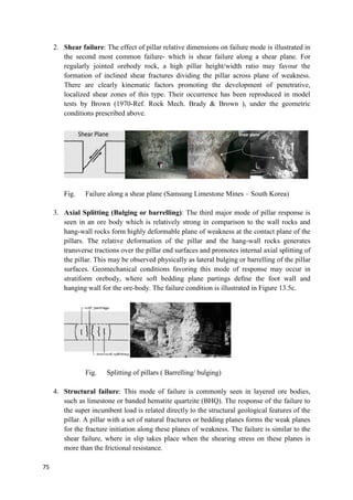 75
2. Shear failure: The effect of pillar relative dimensions on failure mode is illustrated in
the second most common failure- which is shear failure along a shear plane. For
regularly jointed orebody rock, a high pillar height/width ratio may favour the
formation of inclined shear fractures dividing the pillar across plane of weakness.
There are clearly kinematic factors promoting the development of penetrative,
localized shear zones of this type. Their occurrence has been reproduced in model
tests by Brown (1970-Ref. Rock Mech. Brady & Brown ), under the geometric
conditions prescribed above.
Fig. Failure along a shear plane (Samsung Limestone Mines – South Korea)
3. Axial Splitting (Bulging or barrelling): The third major mode of pillar response is
seen in an ore body which is relatively strong in comparison to the wall rocks and
hang-wall rocks form highly deformable plane of weakness at the contact plane of the
pillars. The relative deformation of the pillar and the hang-wall rocks generates
transverse tractions over the pillar end surfaces and promotes internal axial splitting of
the pillar. This may be observed physically as lateral bulging or barrelling of the pillar
surfaces. Geomechanical conditions favoring this mode of response may occur in
stratiform orebody, where soft bedding plane partings deﬁne the foot wall and
hanging wall for the ore-body. The failure condition is illustrated in Figure 13.5c.
Fig. Splitting of pillars ( Barrelling/ bulging)
4. Structural failure: This mode of failure is commonly seen in layered ore bodies,
such as limestone or banded hematite quartzite (BHQ). The response of the failure to
the super incumbent load is related directly to the structural geological features of the
pillar. A pillar with a set of natural fractures or bedding planes forms the weak planes
for the fracture initiation along these planes of weakness. The failure is similar to the
shear failure, where in slip takes place when the shearing stress on these planes is
more than the frictional resistance.
Shear Plane Shear plane
 
