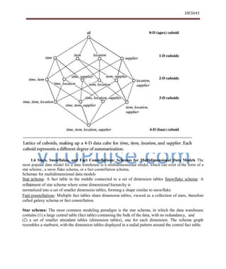 VTUPulse.com
18CS641
Dept. of CSE, ATMECE, Mysuru
1.6 Stars, Snowflakes, and Fact Constellations: Schemas for Multidimensional Data Models The
most popular data model for a data warehouse is a multidimensional model, which can exist in the form of a
star schema , a snow flake schema, or a fact constellation schema.
Schemas for multidimensional data models
Star schema: A fact table in the middle connected to a set of dimension tables Snowflake schema: A
refinement of star schema where some dimensional hierarchy is
normalized into a set of smaller dimension tables, forming a shape similar to snowflake
Fact constellations: Multiple fact tables share dimension tables, viewed as a collection of stars, therefore
called galaxy schema or fact constellation
Star schema: The most common modeling paradigm is the star schema, in which the data warehouse
contains (1) a large central table (fact table) containing the bulk of the data, with no redundancy, and
(2) a set of smaller attendant tables (dimension tables), one for each dimension. The schema graph
resembles a starburst, with the dimension tables displayed in a radial pattern around the central fact table.
 