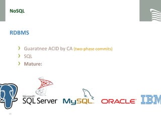 NoSQLRDBMSGuaratnee ACID by CA(two-phasecommits)SQLMature:19