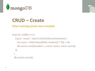 CRUD – CreateHow training.scores was created:for(i=0; i<1000; i++) {     ['quiz', 'essay', 'exam'].forEach(function(name) {var score = Math.floor(Math.random() * 50) + 50;db.scores.save({student: i, name: name, score: score});     });   }db.scores.count();39