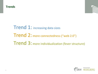 TrendsTrend 1: increasing data sizesTrend 2: more connectedness (“web 2.0”)Trend 3:moreindividualization (feverstructure)6