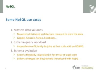 NoSQLSome NoSQL use cases1. Massive data volumesMassively distributed architecture required to store the dataGoogle, Amazon, Yahoo, Facebook…2. Extreme query workloadImpossible to efficiently do joins at that scale with an RDBMS3. Schema evolutionSchema flexibility (migration) is not trivial at large scaleSchema changes can be gradually introduced with NoSQ9