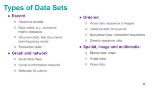 25
Types of Data Sets
● Record
○ Relational records
○ Data matrix, e.g., numerical
matrix, crosstabs
○ Document data: text documents:
term-frequency vector
○ Transaction data
● Graph and network
○ World Wide Web
○ Social or information networks
○ Molecular Structures
● Ordered
○ Video data: sequence of images
○ Temporal data: time-series
○ Sequential Data: transaction sequences
○ Genetic sequence data
● Spatial, image and multimedia:
○ Spatial data: maps
○ Image data:
○ Video data:
 