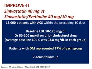 18,000 patients with ACS within the preceding 10 days
Baseline LDL 50-125 mg/dl
Or 50-100 mg/dl on prior cholesterol drug
(Average baseline LDL-C was 93.8 mg/dL in each group)
Patients with DM represented 27% of each group
7-Years follow up
 