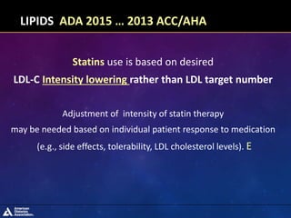 Statins use is based on desired
LDL-C Intensity lowering rather than LDL target number
Adjustment of intensity of statin therapy
may be needed based on individual patient response to medication
(e.g., side effects, tolerability, LDL cholesterol levels). E
LIPIDS ADA 2015 … 2013 ACC/AHA
 