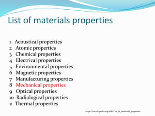 List of materials properties
1 Acoustical properties
2 Atomic properties
3 Chemical properties
4 Electrical properties
5 Environmental properties
6 Magnetic properties
7 Manufacturing properties
8 Mechanical properties
9 Optical properties
10 Radiological properties
11 Thermal properties
https://en.wikipedia.org/wiki/List_of_materials_properties
 