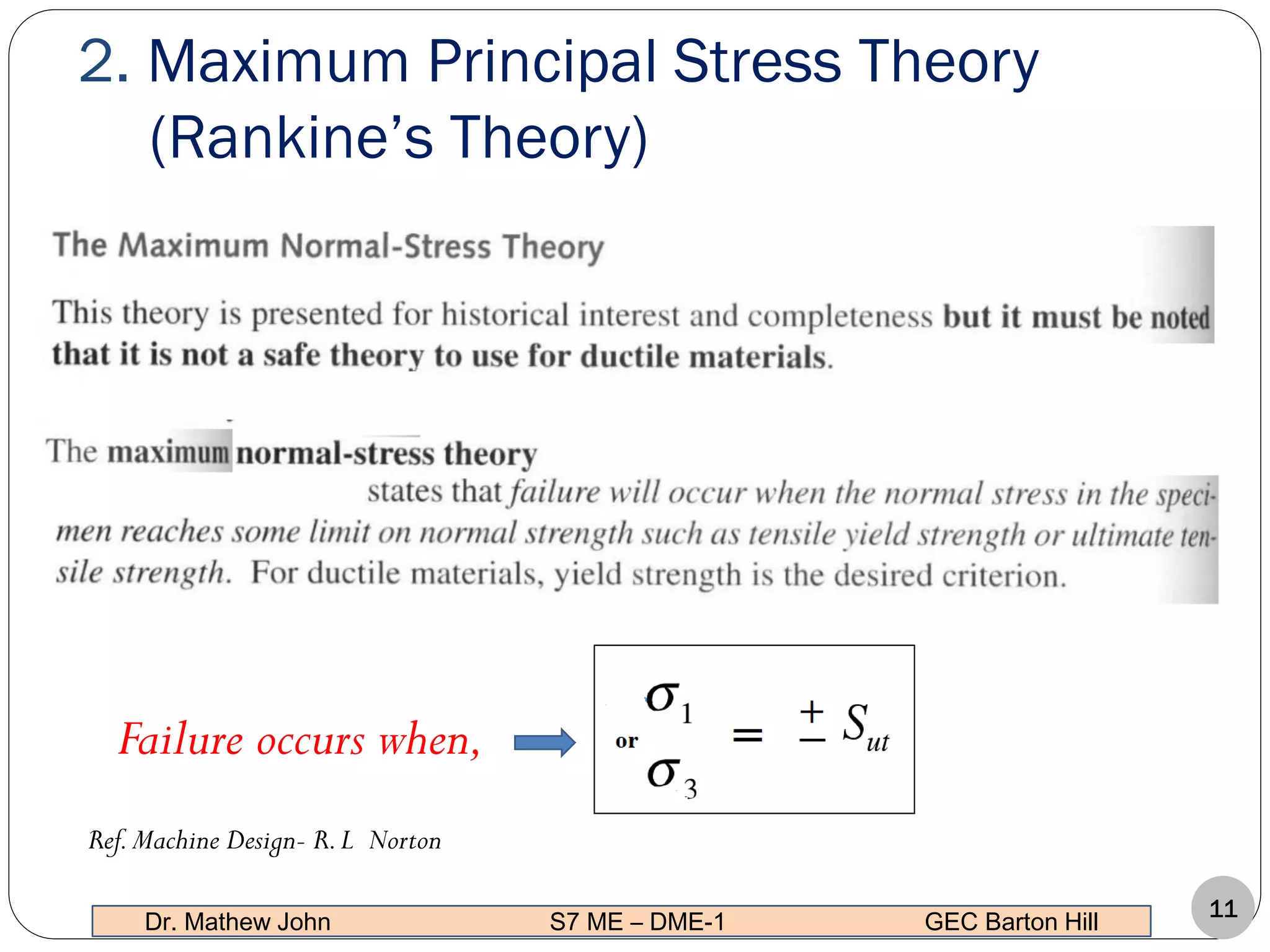 2. Maximum Principal Stress Theory
(Rankine’s Theory)
Ref.Machine Design- R.L Norton
Failure occurs when,
11
Dr. Mathew John S7 ME – DME-1 GEC Barton Hill
 