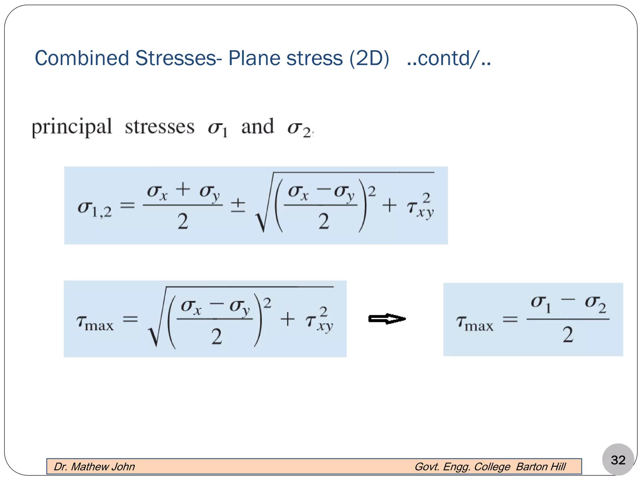 32
Combined Stresses- Plane stress (2D) ..contd/..
Dr. Mathew John Govt. Engg. College Barton Hill
 
