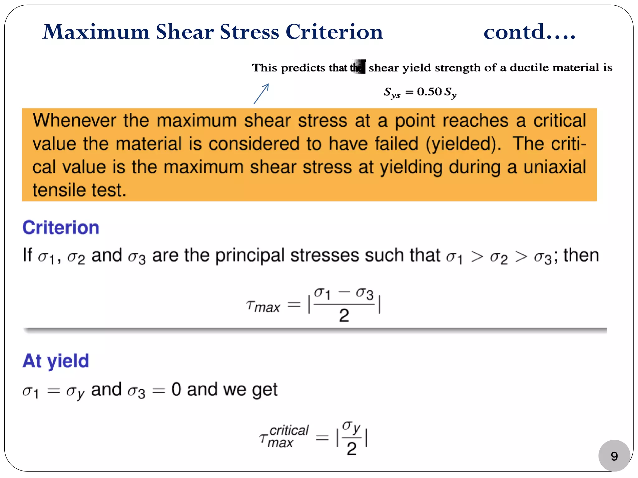 Maximum Shear Stress Criterion contd….
9
 