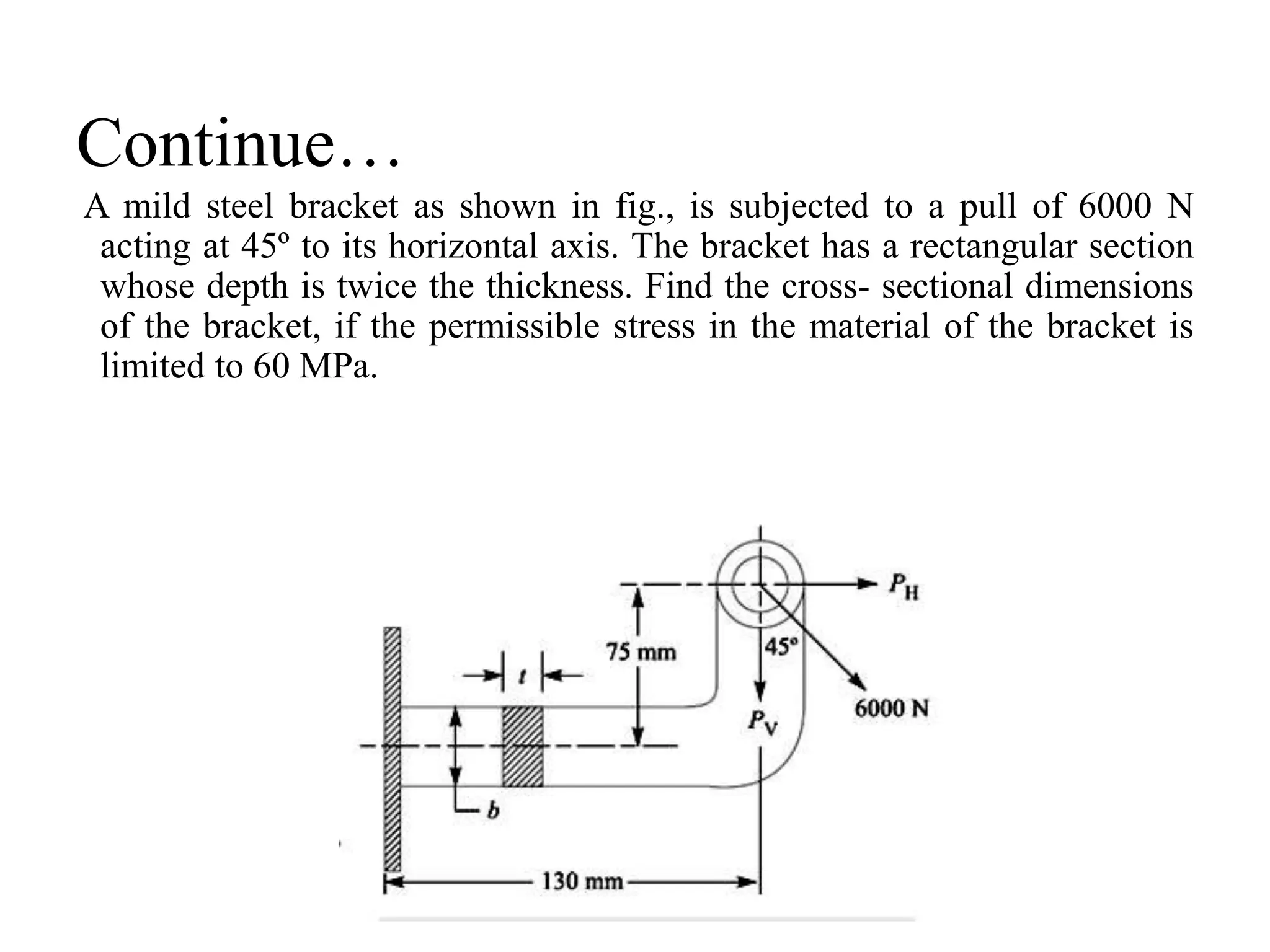 Continue…
A mild steel bracket as shown in fig., is subjected to a pull of 6000 N
acting at 45º to its horizontal axis. The bracket has a rectangular section
whose depth is twice the thickness. Find the cross- sectional dimensions
of the bracket, if the permissible stress in the material of the bracket is
limited to 60 MPa.
 