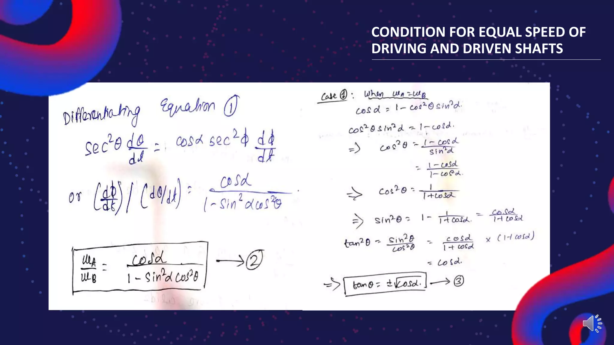 CONDITION FOR EQUAL SPEED OF
DRIVING AND DRIVEN SHAFTS
 
