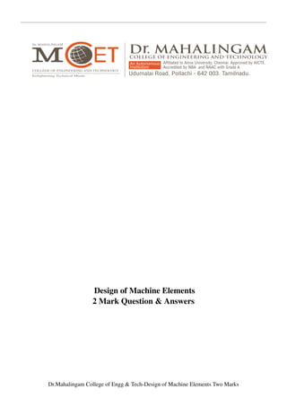 Design of Machine Elements 2 mark Question and Answers | PDF
