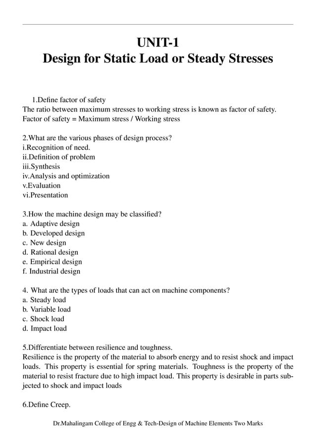 Design of Machine Elements 2 mark Question and Answers | PDF