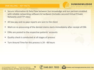 DME BILLING – KEY FACTS
18Sun Knowledge © 2015-16 Private & Confidential
41 Madison Avenue, 25th Floor, New York, NY 10010, USA
 Secure Information & Data Flow between Sun knowledge and our partners enabled
with reliable networking software & hardware (includes secured Virtual Private
Networks and FTP sites)
 All low pay and no pays reports are sent to the client
 Work on re-processing of the denied claims starts immediately after receipt of ERA
 ERAs are posted to the respective patients’ accounts
 Quality check is conducted at all stages of process
 Turn Around Time for this process is 24 - 48 hours
 